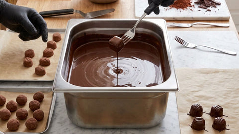 chocolat dans une bassine et enrobage a la main
